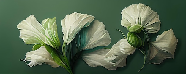 Obraz przedstawiający trzy białe kwiaty na zielonym tle generatywnej AI