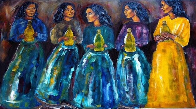 Obraz przedstawiający trzy kobiety w niebieskich sukienkach i jedną w niebieskiej spódnicy.