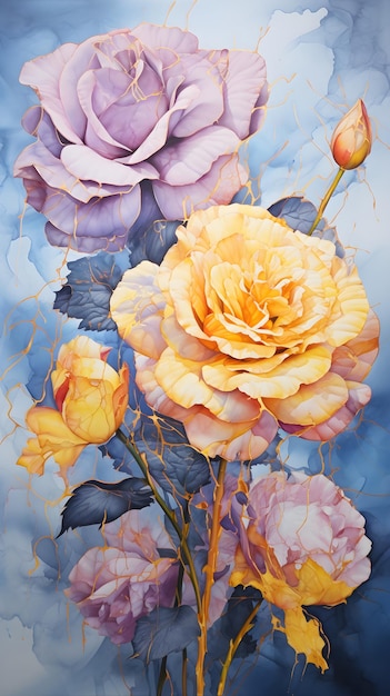obraz przedstawiający trzy kwiaty na niebieskim tle Akwarela przedstawiająca kwiat w kolorze róży Idealny