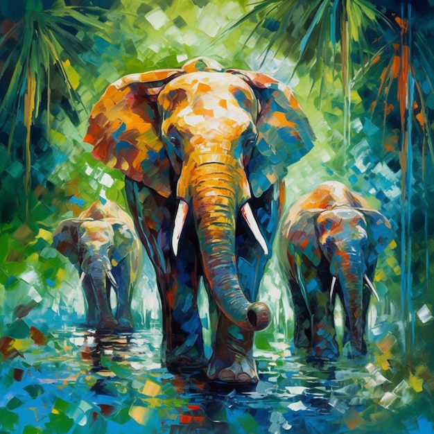 obraz przedstawiający trzy słonie spacerujące w strumieniu wody generującej ai