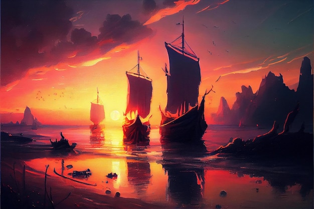 Obraz przedstawiający trzy statki na oceanie z zachodzącym za nimi słońcem.