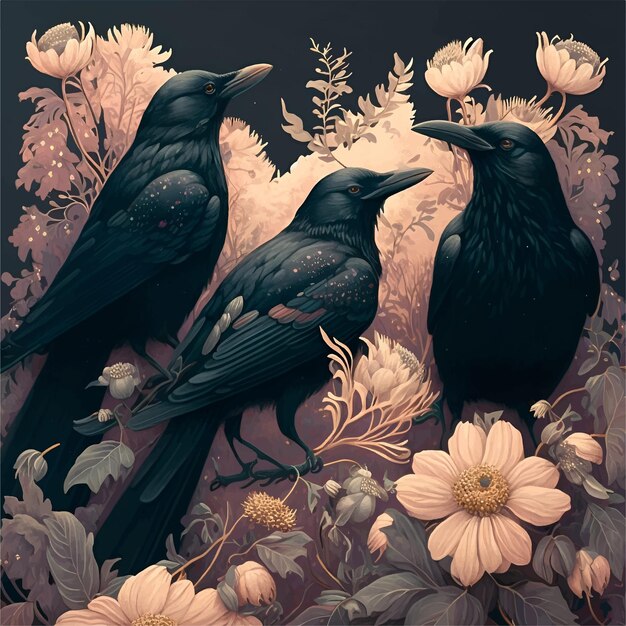 Obraz przedstawiający trzy wrony na polu kwiatów