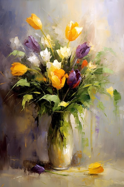 Obraz przedstawiający tulipany i żółte tulipany w wazonie.
