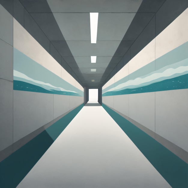Obraz przedstawiający tunel z podłogą w niebiesko-białe paski.