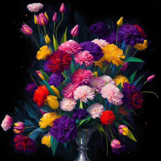 Obraz przedstawiający wazon z kwiatami na czarnym tle.