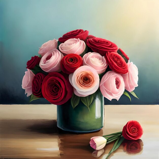 Obraz przedstawiający wazon z kwiatami w kolorze różowym i białym.