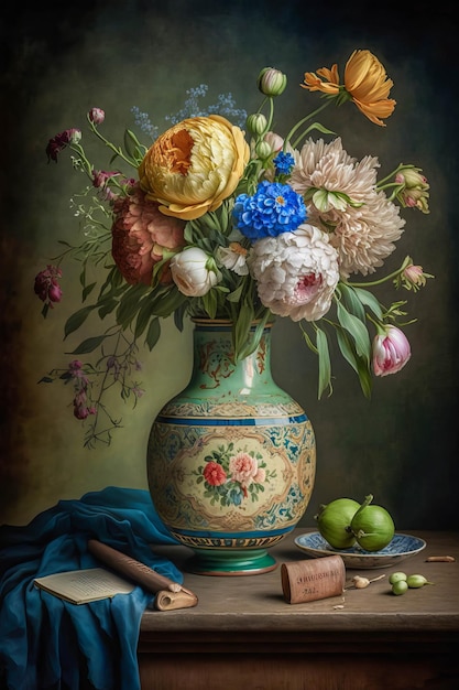 Obraz przedstawiający wazon z kwiatami z motylem na szczycie.