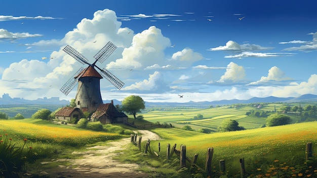 obraz przedstawiający wiatrak na farmie z polem trawy i błękitnym niebem.