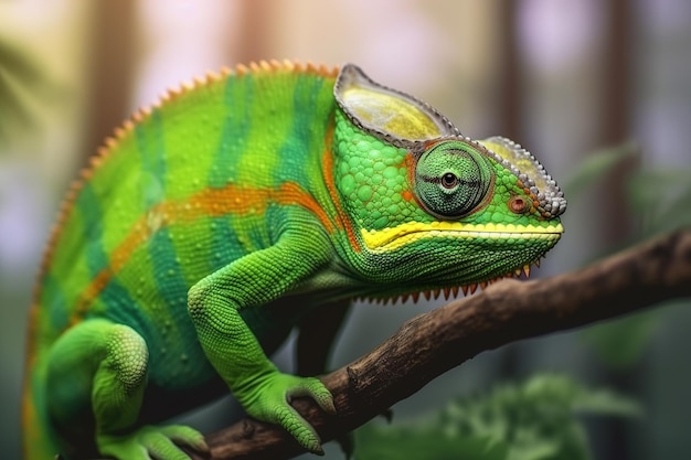 Obraz przedstawiający widok z boku zielonego kameleona na gałęzi na naturalnym tle Ilustracja gadów dzikich zwierząt Generative AI