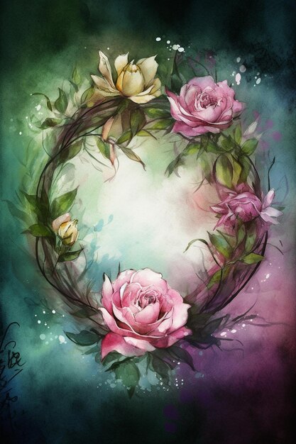 Obraz przedstawiający wieniec z różowymi różami i zielonymi liśćmi.