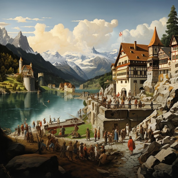 obraz przedstawiający wieś nad jeziorem z zamkiem generatywnym ai