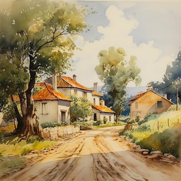obraz przedstawiający wieś z domami w tle.