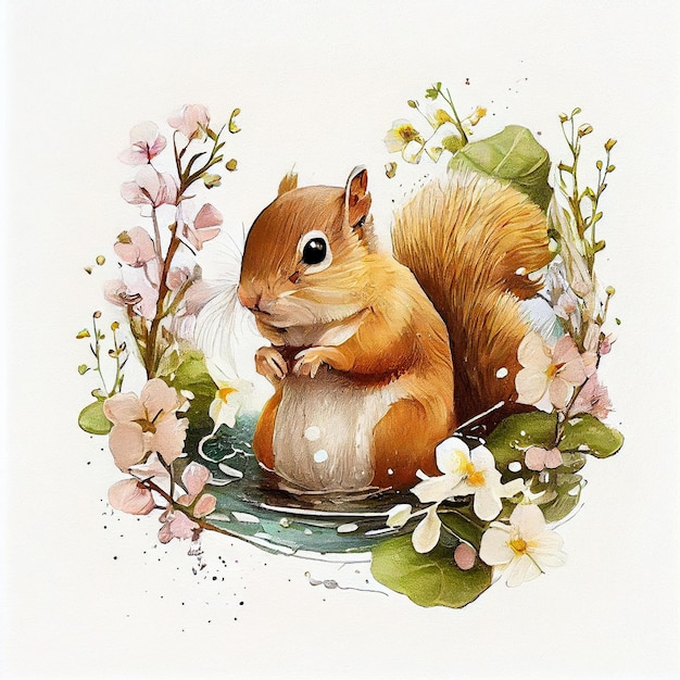 Obraz przedstawiający wiewiórkę w stawie z kwiatami i liśćmi.