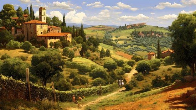 Obraz przedstawiający wioskę ze wzgórzem i drzewami oliwnymi w tle.