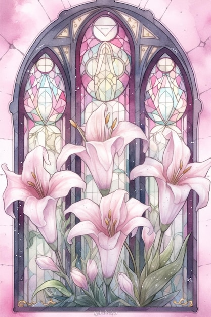 Obraz przedstawiający witraż z różowymi kwiatami generatywny ai