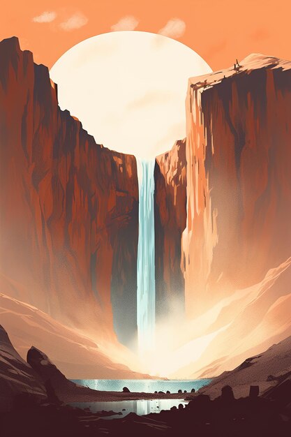 obraz przedstawiający wodospad na środku pustyni