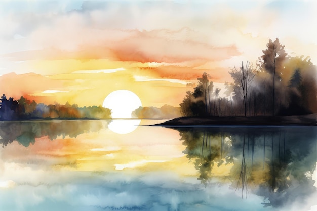 Obraz przedstawiający zachód słońca nad jeziorem generujący sztuczną inteligencję