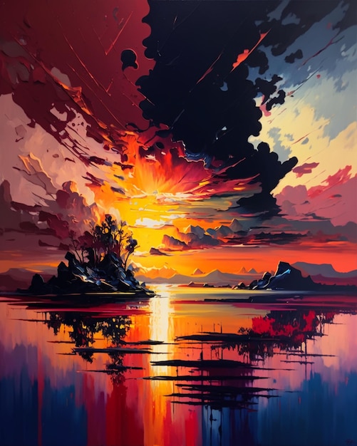 Obraz przedstawiający zachód słońca nad jeziorem z pochmurnym niebem i słońcem przebijającym się przez chmury.