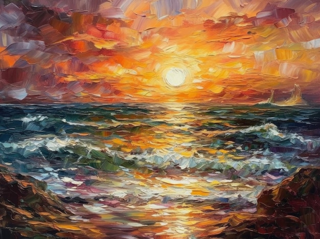 Obraz przedstawiający zachód słońca nad morzem