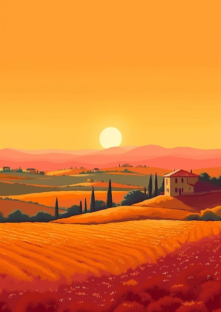 obraz przedstawiający zachód słońca nad wiejskim krajobrazem z domem generatywnym AI