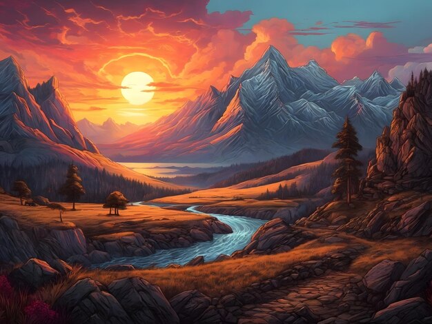 Obraz przedstawiający zachód słońca w górskim krajobrazie apokalipsy
