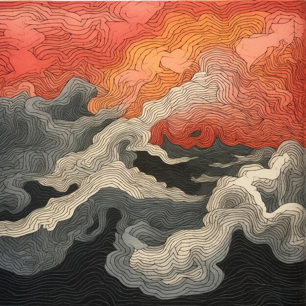 obraz przedstawiający zachód słońca z chmurami i rzeką.