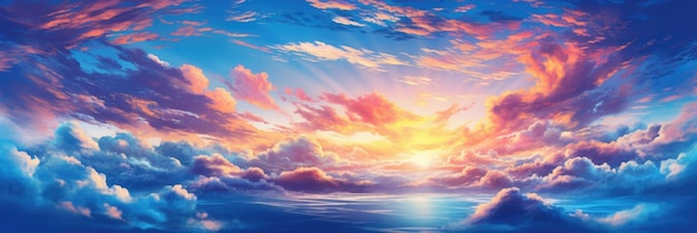 Obraz przedstawiający zachód słońca z chmurami i słońcem prześwitującym przez chmury