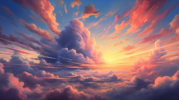 Obraz przedstawiający zachód słońca z chmurami na niebie