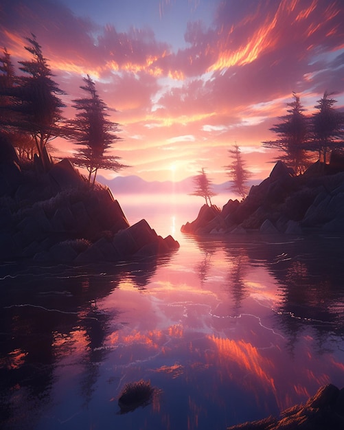 Obraz przedstawiający zachód słońca z drzewami w wodzie