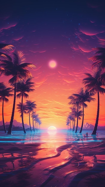 Obraz przedstawiający zachód słońca z palmami i generatywną ai plaży