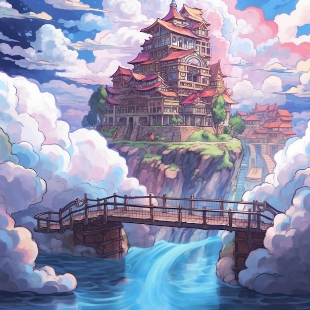 obraz przedstawiający zamek z mostem nad wodą i chmurami.