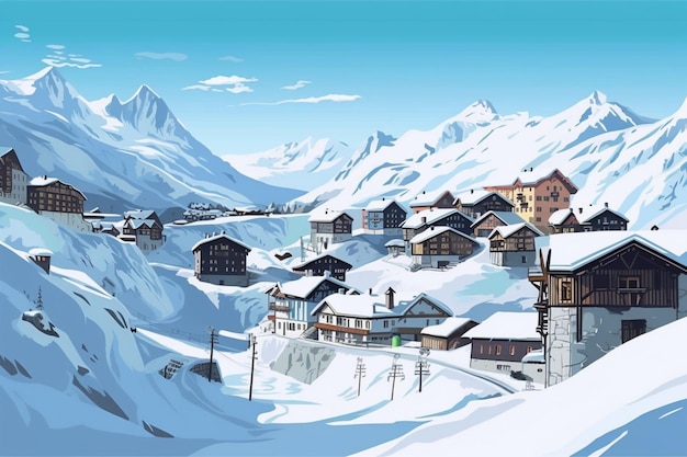 Obraz przedstawiający zaśnieżoną wioskę z napisem chamonix w tle.