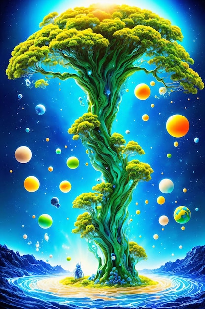 Obraz przedstawiający zieloną roślinę z unoszącymi się wokół niej kolorowymi kulkami