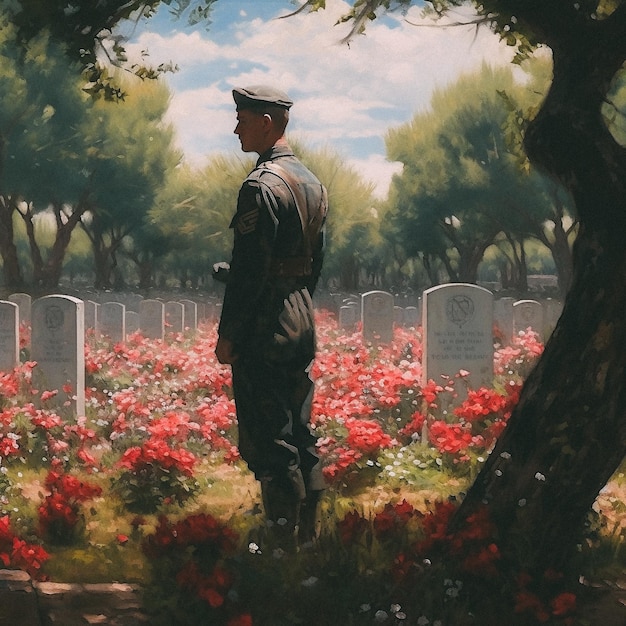 Obraz przedstawiający żołnierza stojącego na cmentarzu Dzień Pamięci