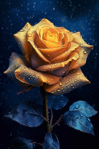 Obraz przedstawiający żółtą różę z kroplami wody.