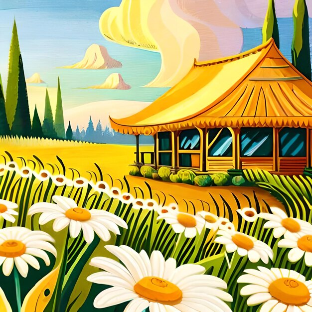 Obraz przedstawiający żółty dom ze stokrotkami w tle.