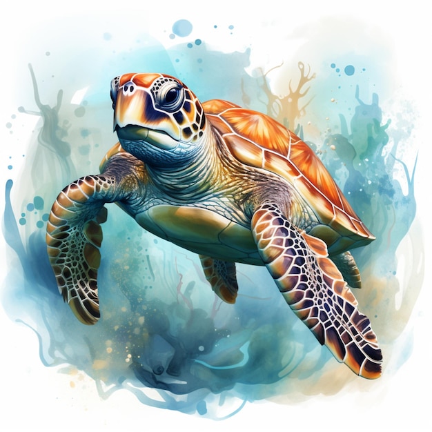 obraz przedstawiający żółwia morskiego pływającego w oceanie na niebieskim tle generatywnej AI