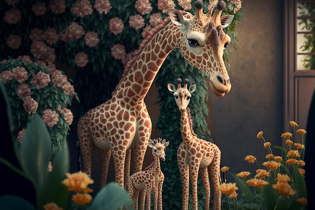 Obraz przedstawiający żyrafę i jej dwójkę dzieci