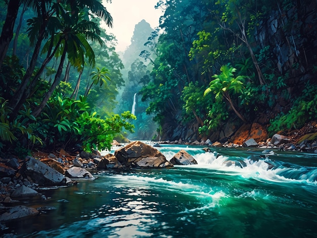 Obraz przepływu wody w dżungli z wodospadem w tle