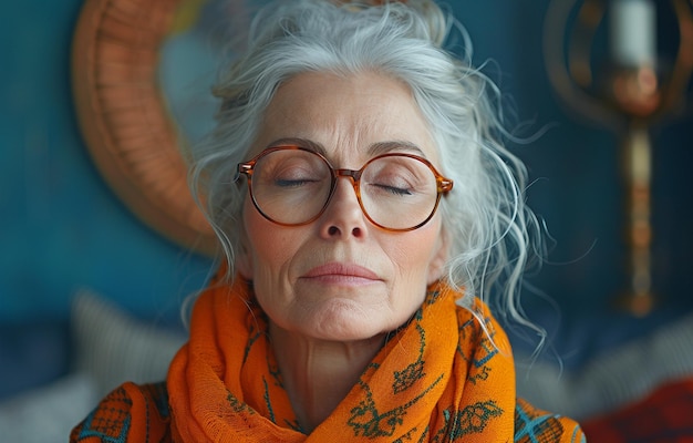 Obraz przygnębionej starszej kobiety z siwymi włosami i okularami zakrywającymi jej oczy i skarżącej się na dyskomfort w szyi