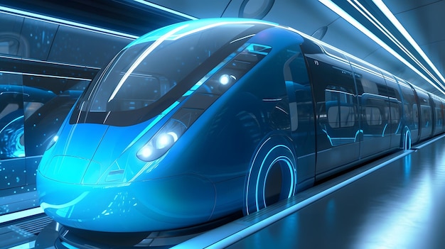 Obraz przyszłego pociągu dużych prędkości z niebieskim światłem