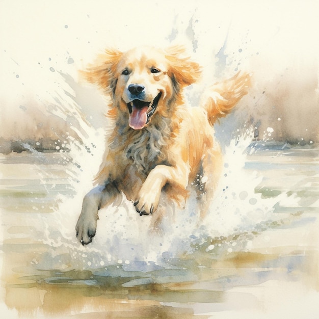 Obraz psa biegnącego przez wodę z frisbee w ustach generatywny ai