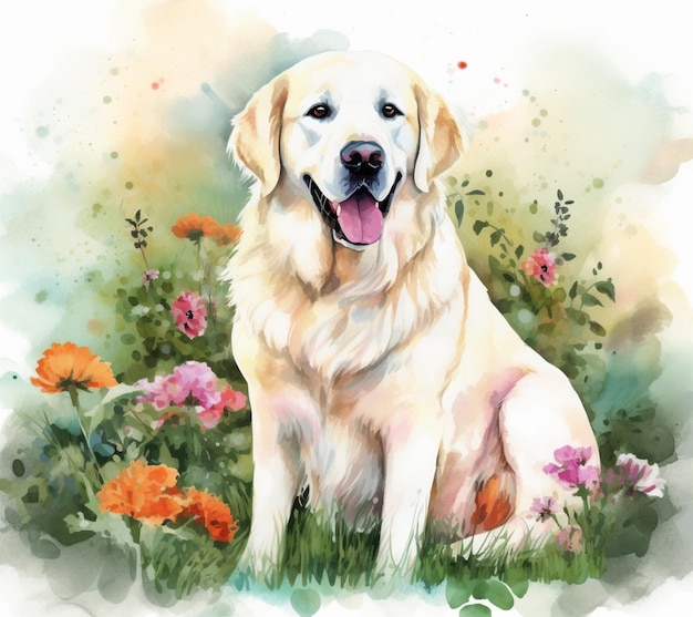 Obraz psa na polu kwiatów