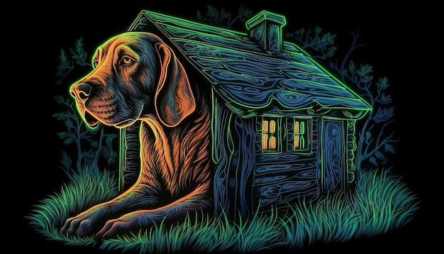 obraz psa w trawie z domem na tle