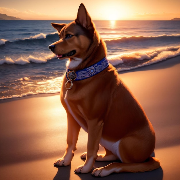 Obraz psa z niebieską obrożą i niebieską obrożą siedzi na plaży.