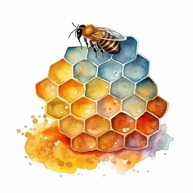 Obraz pszczoły na plastrze miodu z akwarelami generatywnymi ai