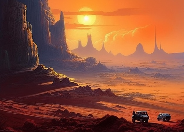 Obraz pustyni z zachodem słońca w tle.