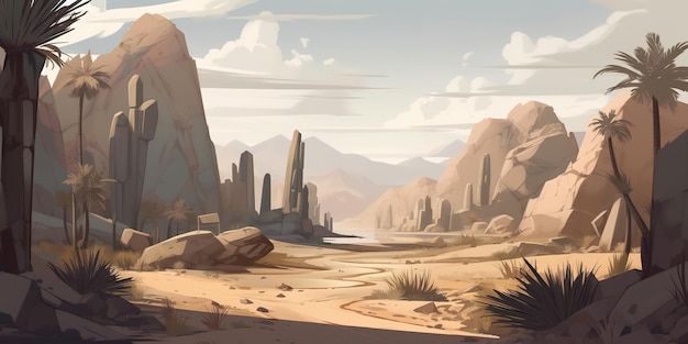 obraz pustyni ze skałami i palmami
