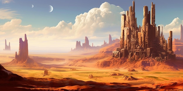 Obraz pustynnego krajobrazu z zamkiem w środku generatywny ai