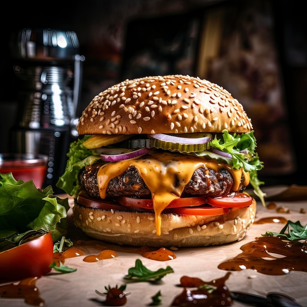 Obraz pysznego hamburgera z serem i wieloma składnikami wygenerowany przez AI
